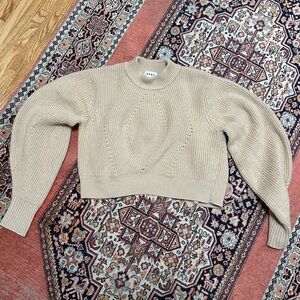 DKNY Merino Wool Cropped Open Back Puffed Sleeves Chunky Sweater Beige